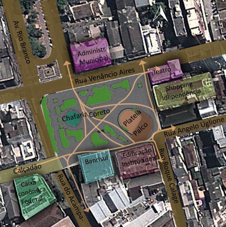 Principais rotas de de pedestres que usam a praça como travessia